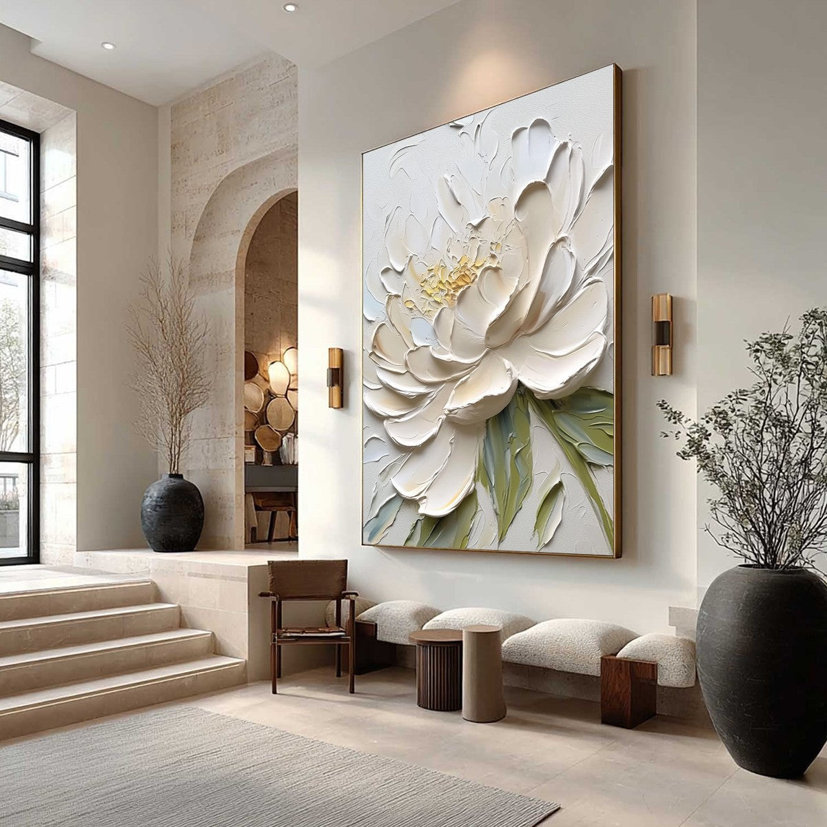 Green and Yellow Peony Impasto Painting – Ivory Petals