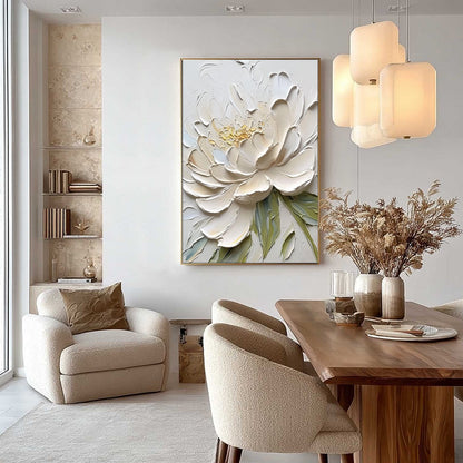 Green and Yellow Peony Impasto Painting – Ivory Petals