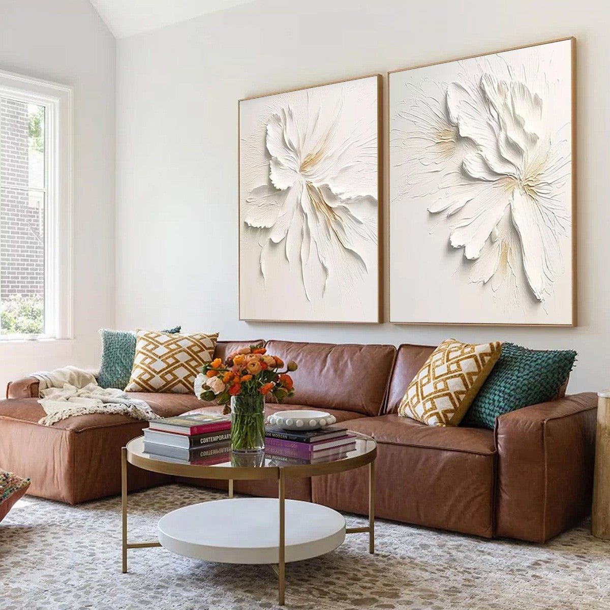 Gold and White Minimalist Floral Impasto Painting – Ivory Whispers