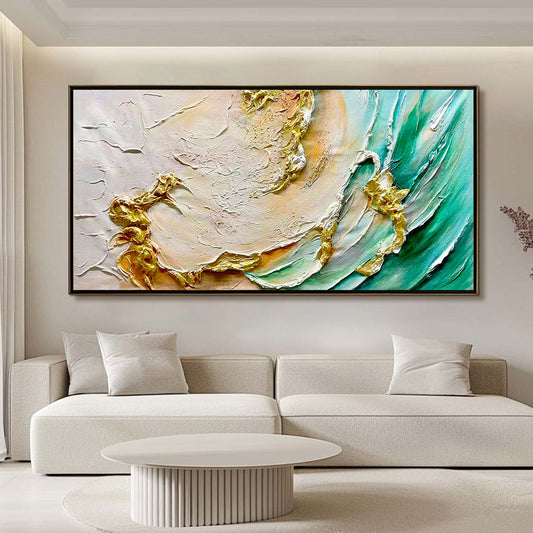 Jade Aurora hand-painted white, green and gold textured coastal abstract painting rolled canvas option