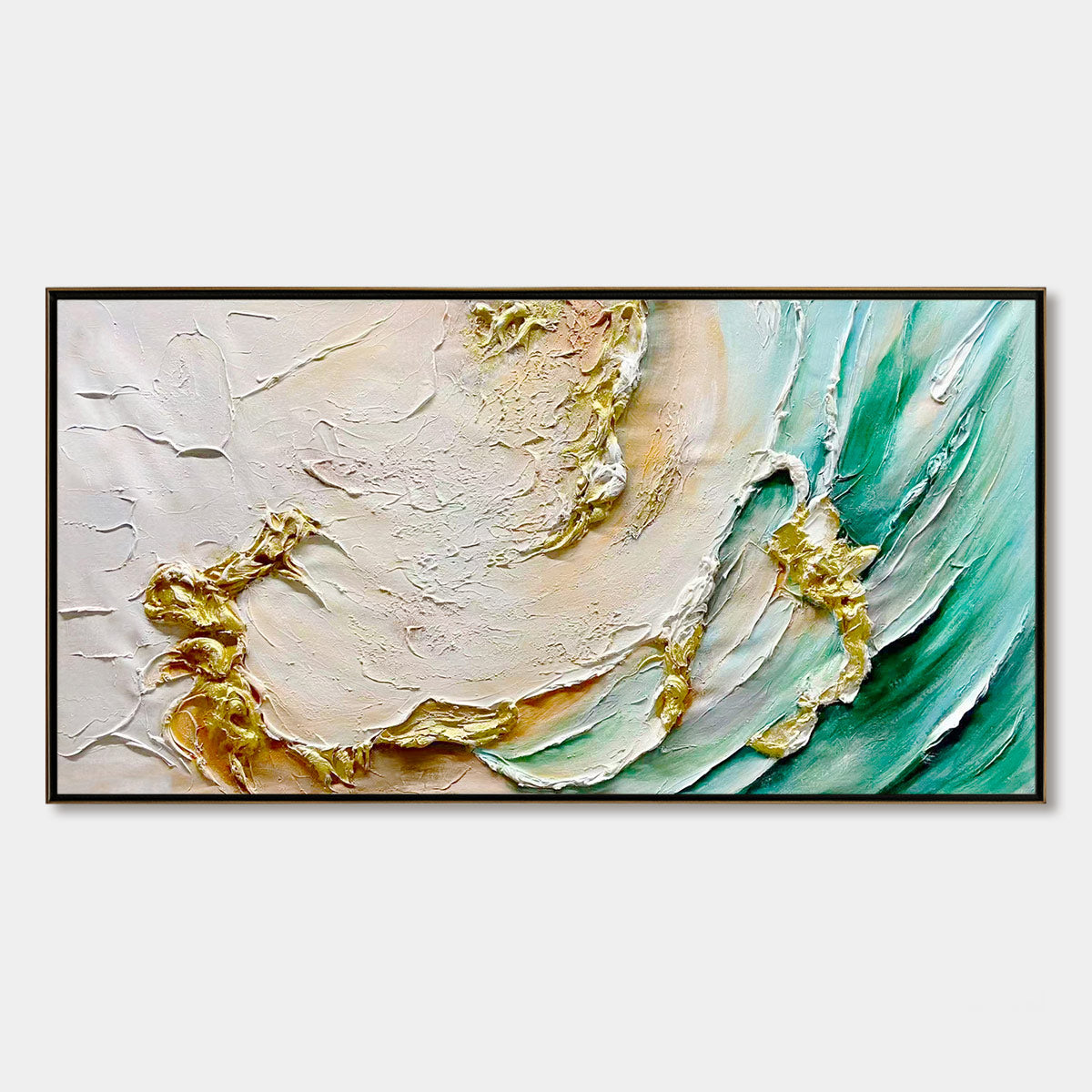 Jade Aurora hand-painted white, green and gold textured coastal abstract painting shown with silver frame