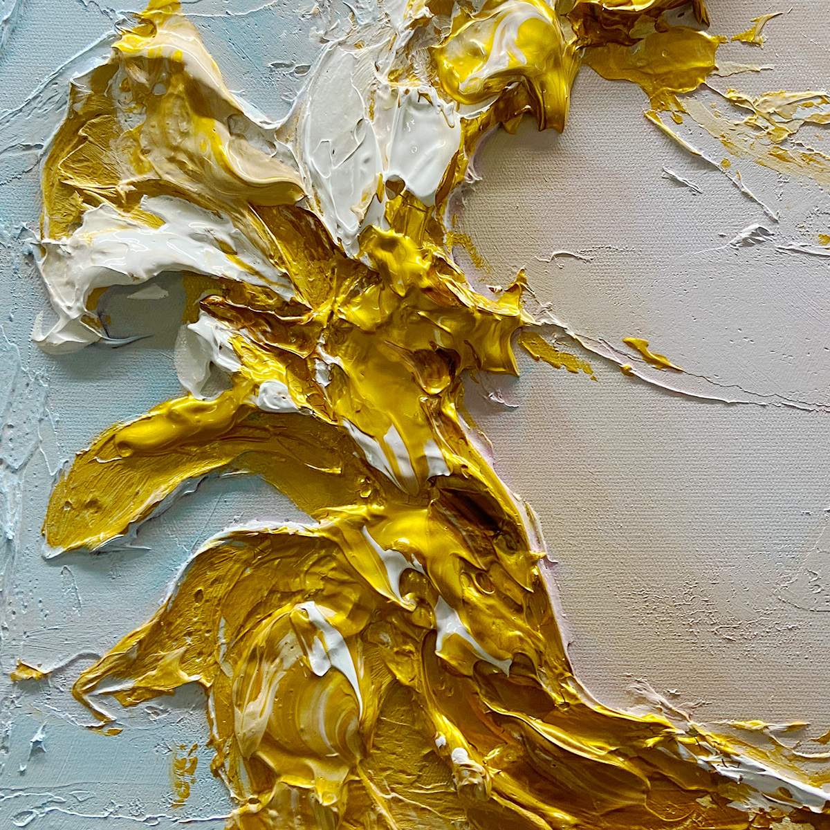 Jade Aurora hand-painted white, green and gold textured coastal abstract painting shown with silver frame