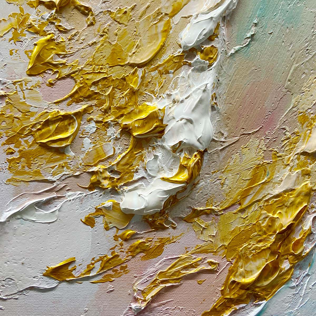 Jade Aurora hand-painted white, green and gold textured coastal abstract painting shown with black frame