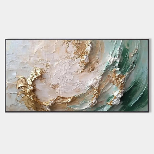 Jade Aurora hand-painted white, green and gold textured coastal abstract painting rolled canvas option
