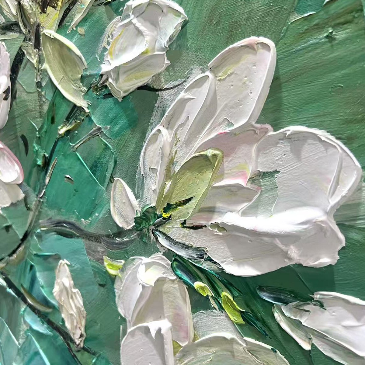 Teal and White Magnolia Impasto Painting – Jade Magnolias