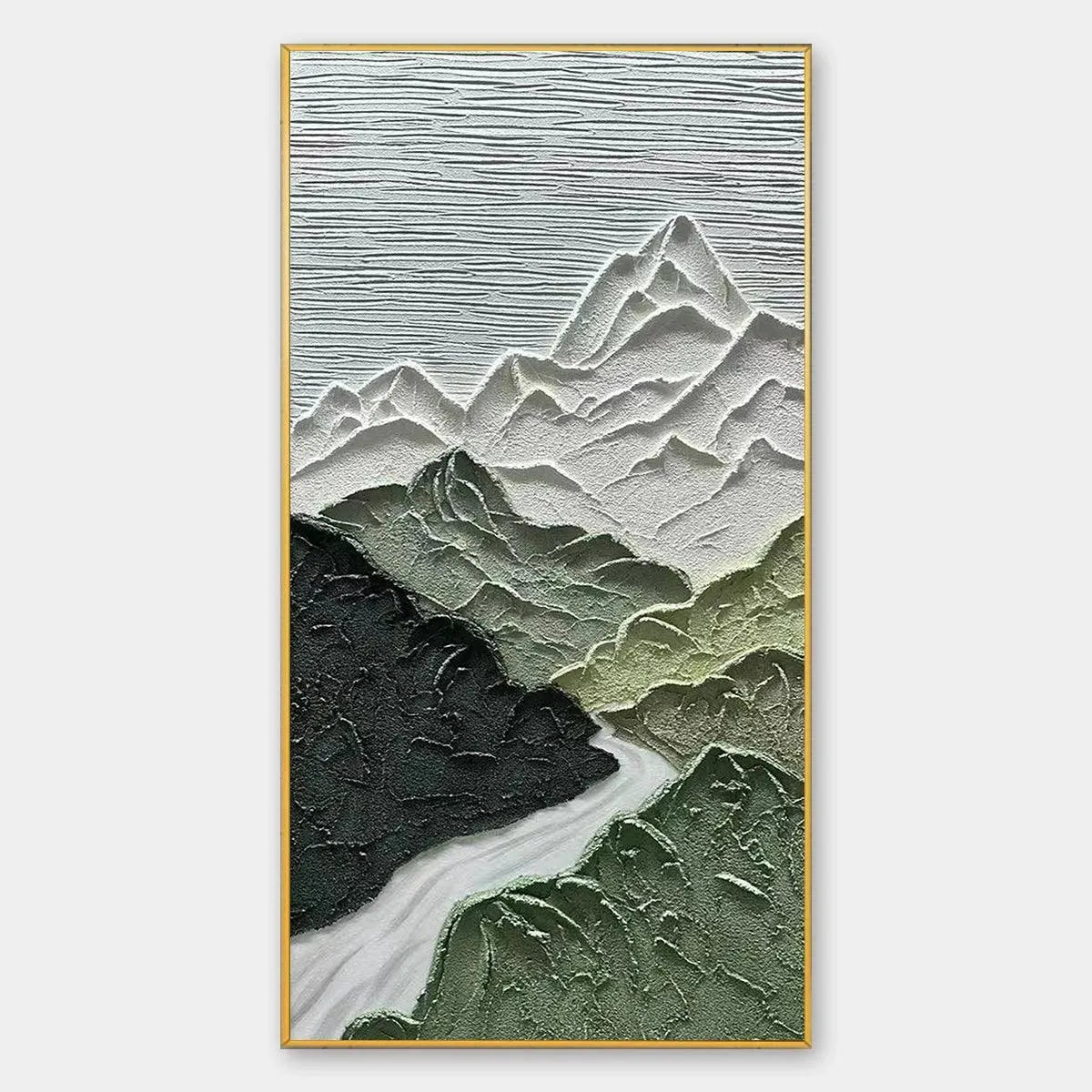 Jade Peak hand-painted white and green textured mountain river landscape painting rolled canvas option