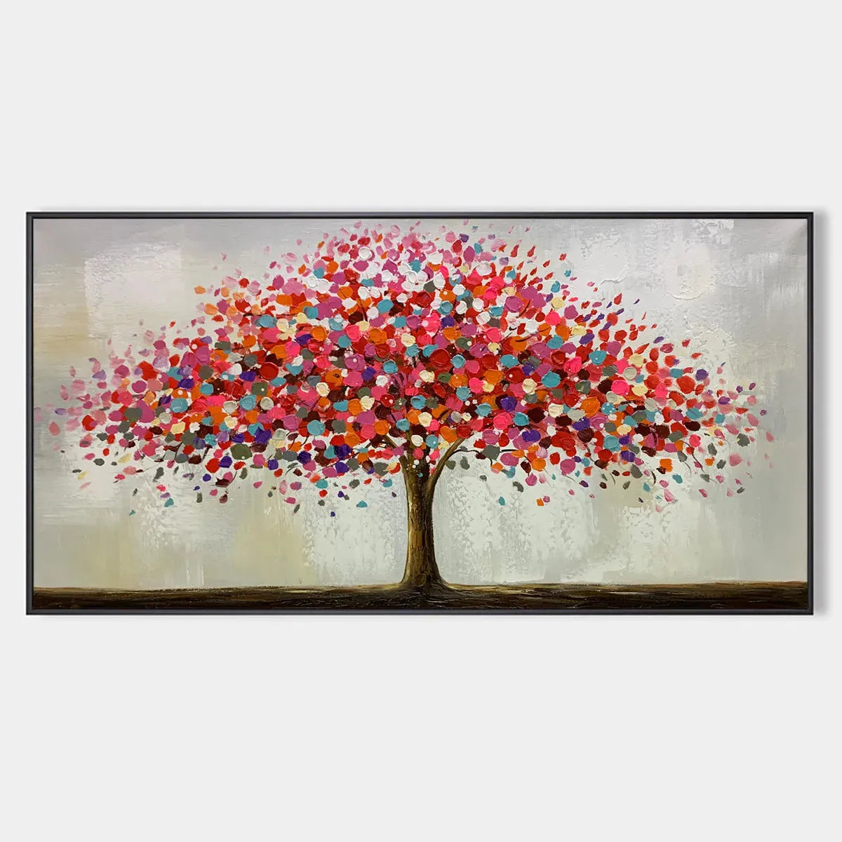 Jewel Tree hand-painted crimson, golden yellow, turquoise and violet textured tree painting rolled canvas option