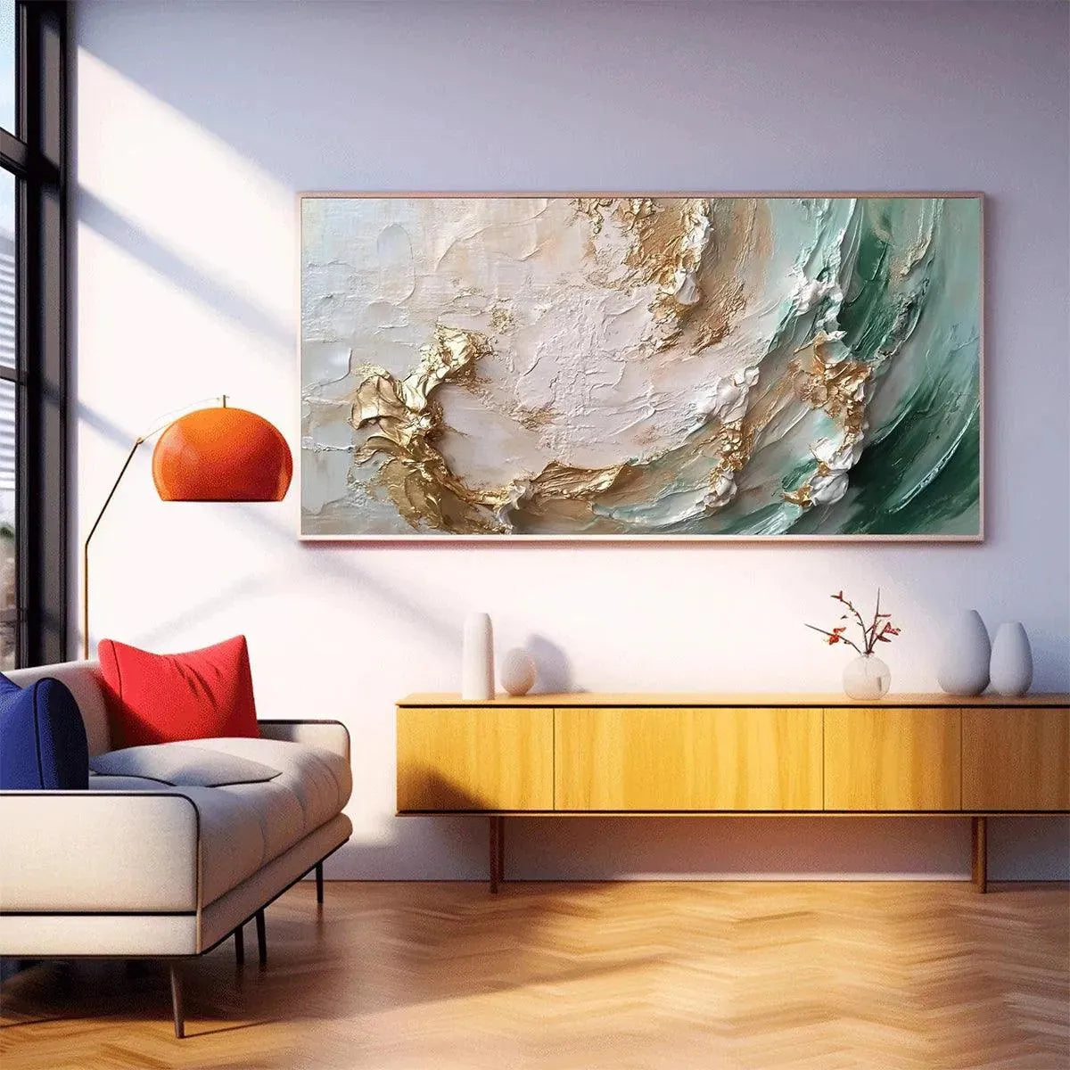Jade Aurora hand-painted white, green and gold textured coastal abstract painting shown as stretched canvas
