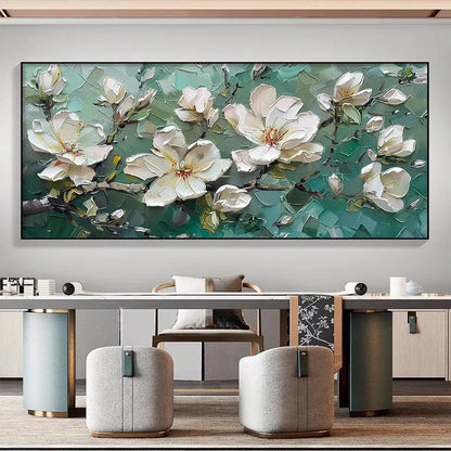 Teal and White Magnolia Impasto Painting – Jade Magnolias
