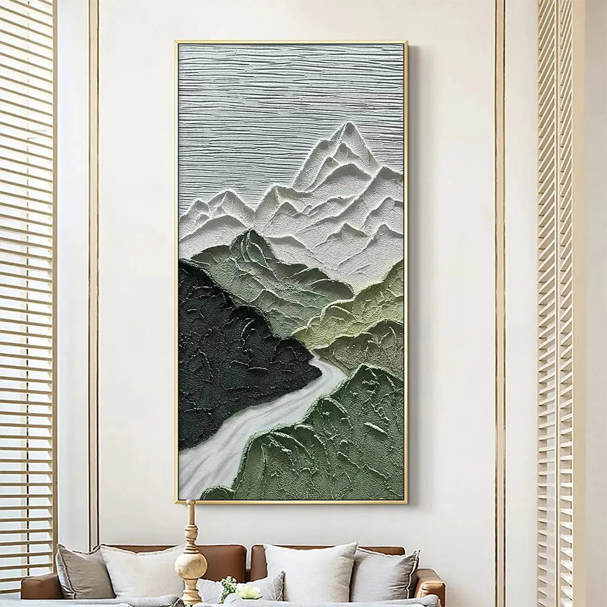 Jade Peak hand-painted white and green textured mountain river landscape painting rolled canvas option