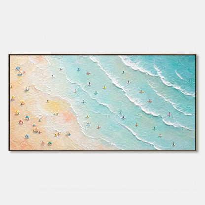 Tidal Confetti hand-painted ocean blue, ivory and soft neutral tones textured beach scene painting rolled canvas option