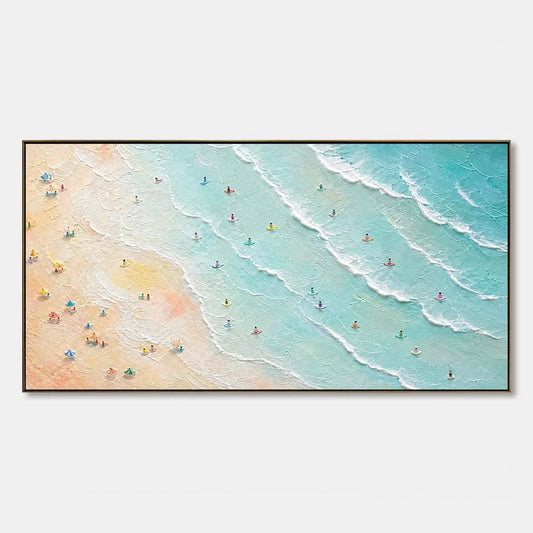 Tidal Confetti hand-painted ocean blue, ivory and soft neutral tones textured beach scene painting rolled canvas option