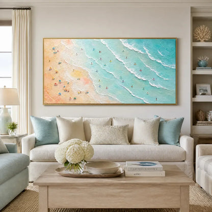 Tidal Confetti hand-painted ocean blue, ivory and soft neutral tones textured beach scene painting rolled canvas option