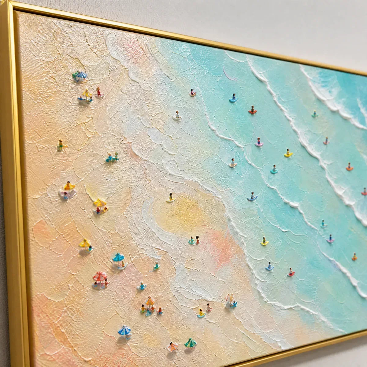 Tidal Confetti hand-painted ocean blue, ivory and soft neutral tones textured beach scene painting rolled canvas option