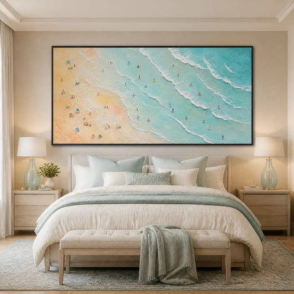 Tidal Confetti hand-painted ocean blue, ivory and soft neutral tones textured beach scene painting rolled canvas option