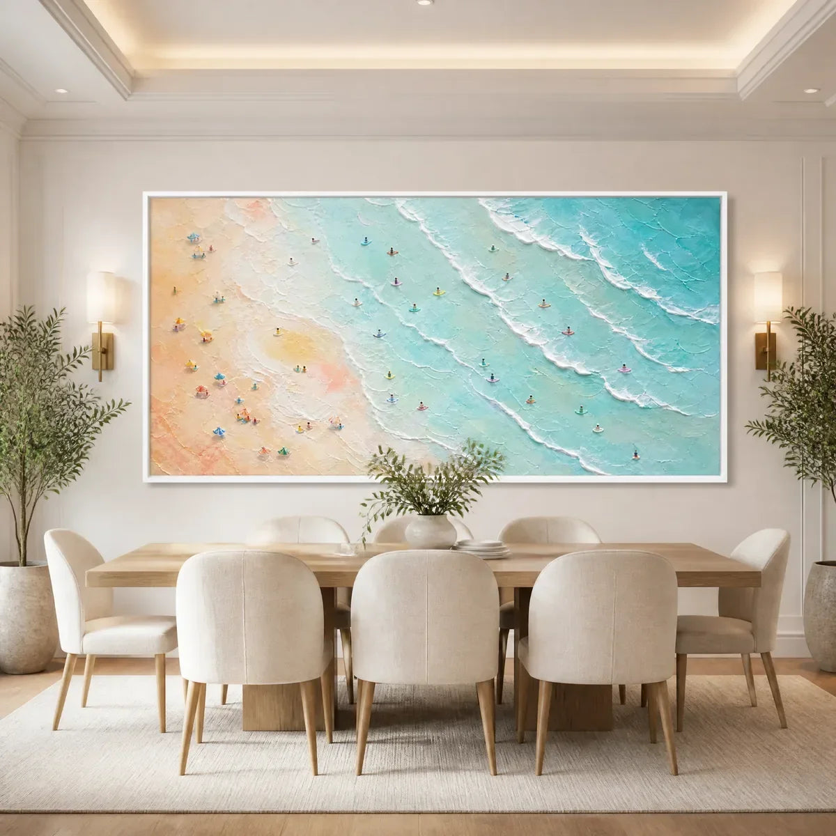Tidal Confetti hand-painted ocean blue, ivory and soft neutral tones textured beach scene painting rolled canvas option