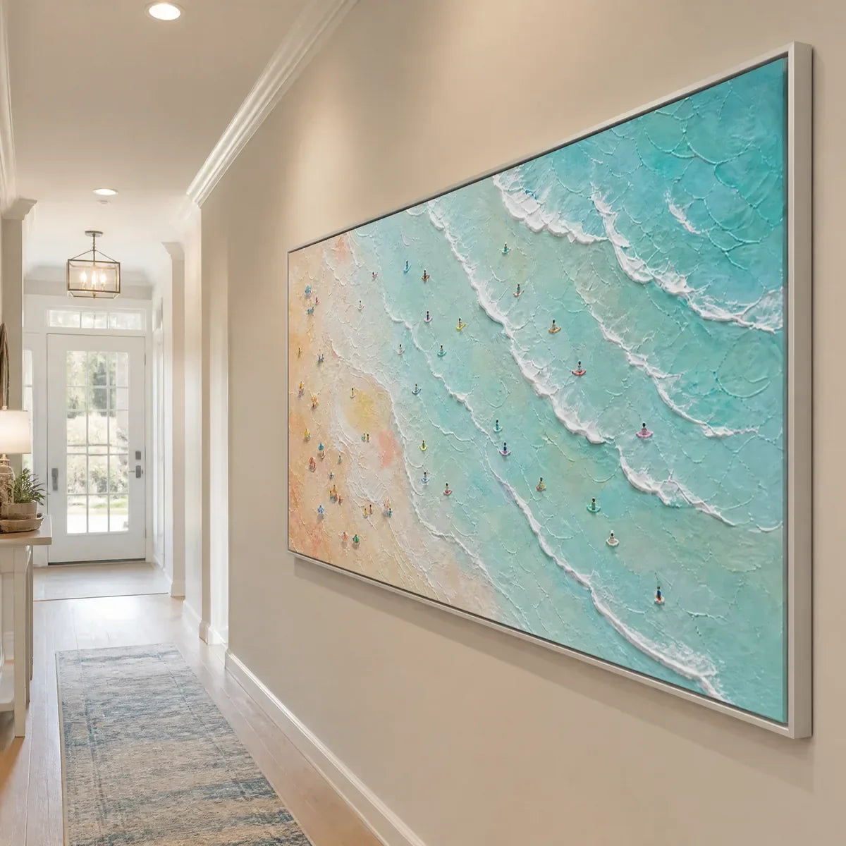 Tidal Confetti hand-painted ocean blue, ivory and soft neutral tones textured beach scene painting rolled canvas option