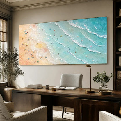 Tidal Confetti hand-painted ocean blue, ivory and soft neutral tones textured beach scene painting rolled canvas option