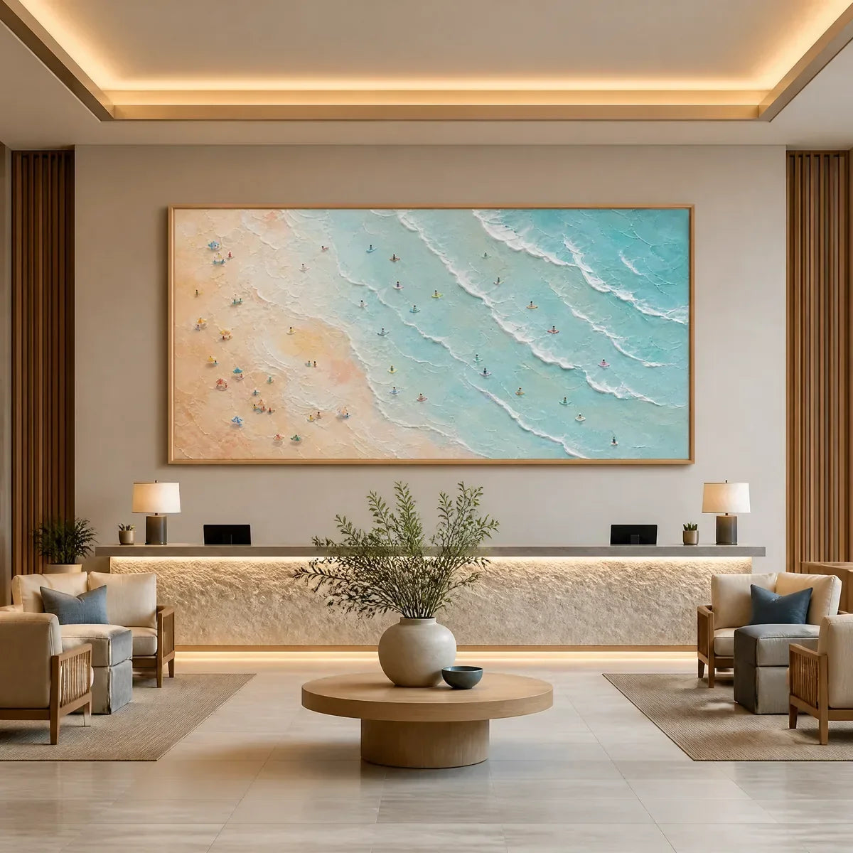 Tidal Confetti hand-painted ocean blue, ivory and soft neutral tones textured beach scene painting rolled canvas option