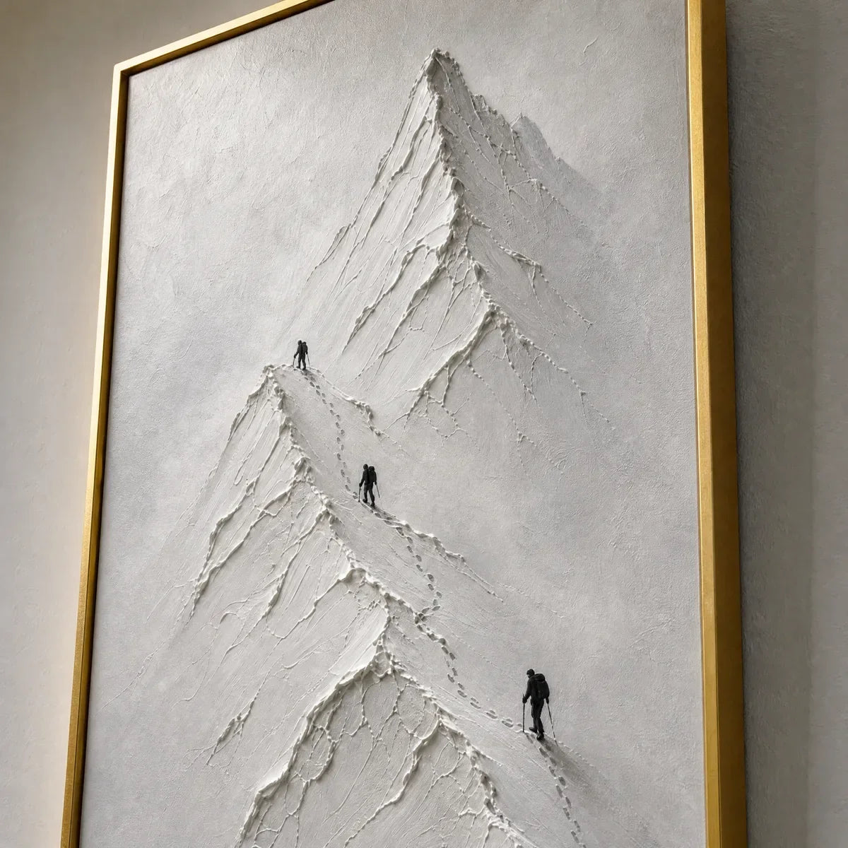 Silent Alpine Relief hand-painted white and soft beige textured abstract mountain painting shown with gold frame