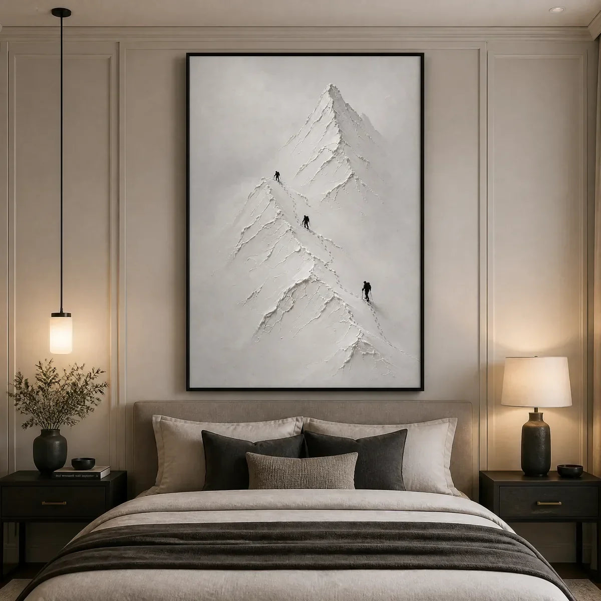 Silent Alpine Relief hand-painted white and soft beige textured abstract mountain painting shown with silver frame
