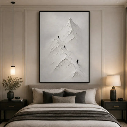 Silent Alpine Relief hand-painted white and soft beige textured abstract mountain painting shown with silver frame