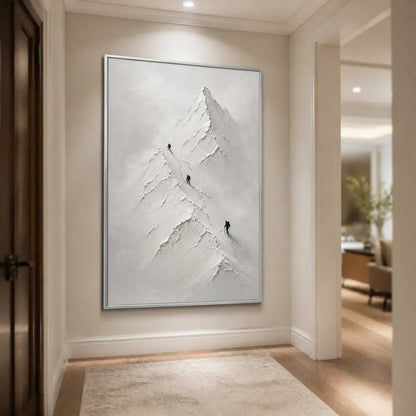 Silent Alpine Relief hand-painted white and soft beige textured abstract mountain painting shown with black frame