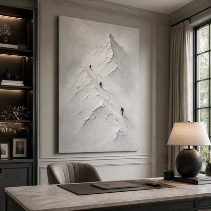 Silent Alpine Relief hand-painted white and soft beige textured abstract mountain painting shown with wood frame