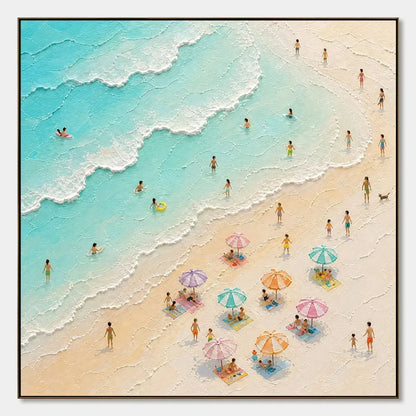 Summer Shore Mosaic hand-painted ocean blue, ivory and soft neutral tones textured seascape painting rolled canvas option