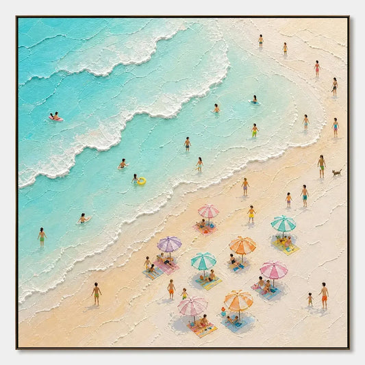 Summer Shore Mosaic hand-painted ocean blue, ivory and soft neutral tones textured seascape painting rolled canvas option