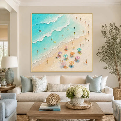 Summer Shore Mosaic hand-painted ocean blue, ivory and soft neutral tones textured seascape painting rolled canvas option