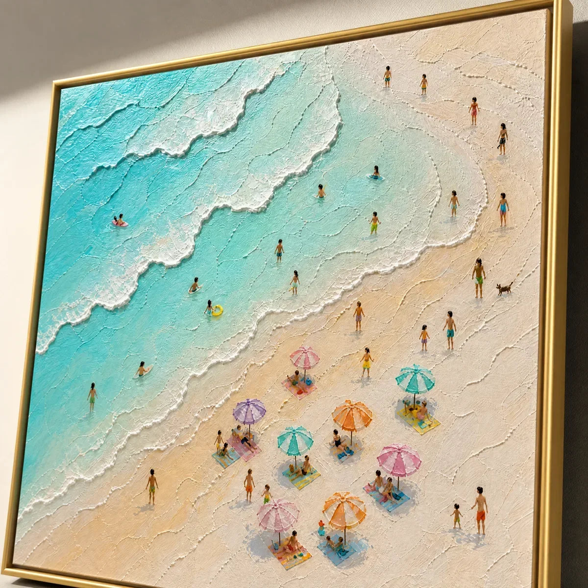 Summer Shore Mosaic hand-painted ocean blue, ivory and soft neutral tones textured seascape painting rolled canvas option