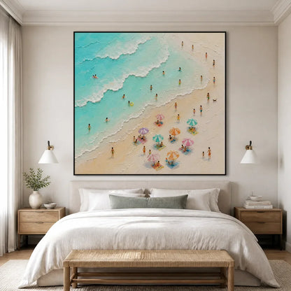 Summer Shore Mosaic hand-painted ocean blue, ivory and soft neutral tones textured seascape painting rolled canvas option