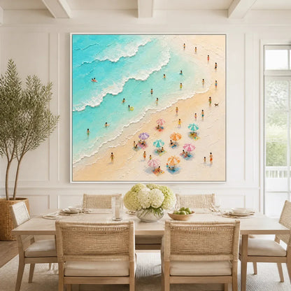 Summer Shore Mosaic hand-painted ocean blue, ivory and soft neutral tones textured seascape painting rolled canvas option