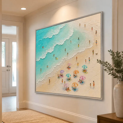 Summer Shore Mosaic hand-painted ocean blue, ivory and soft neutral tones textured seascape painting rolled canvas option