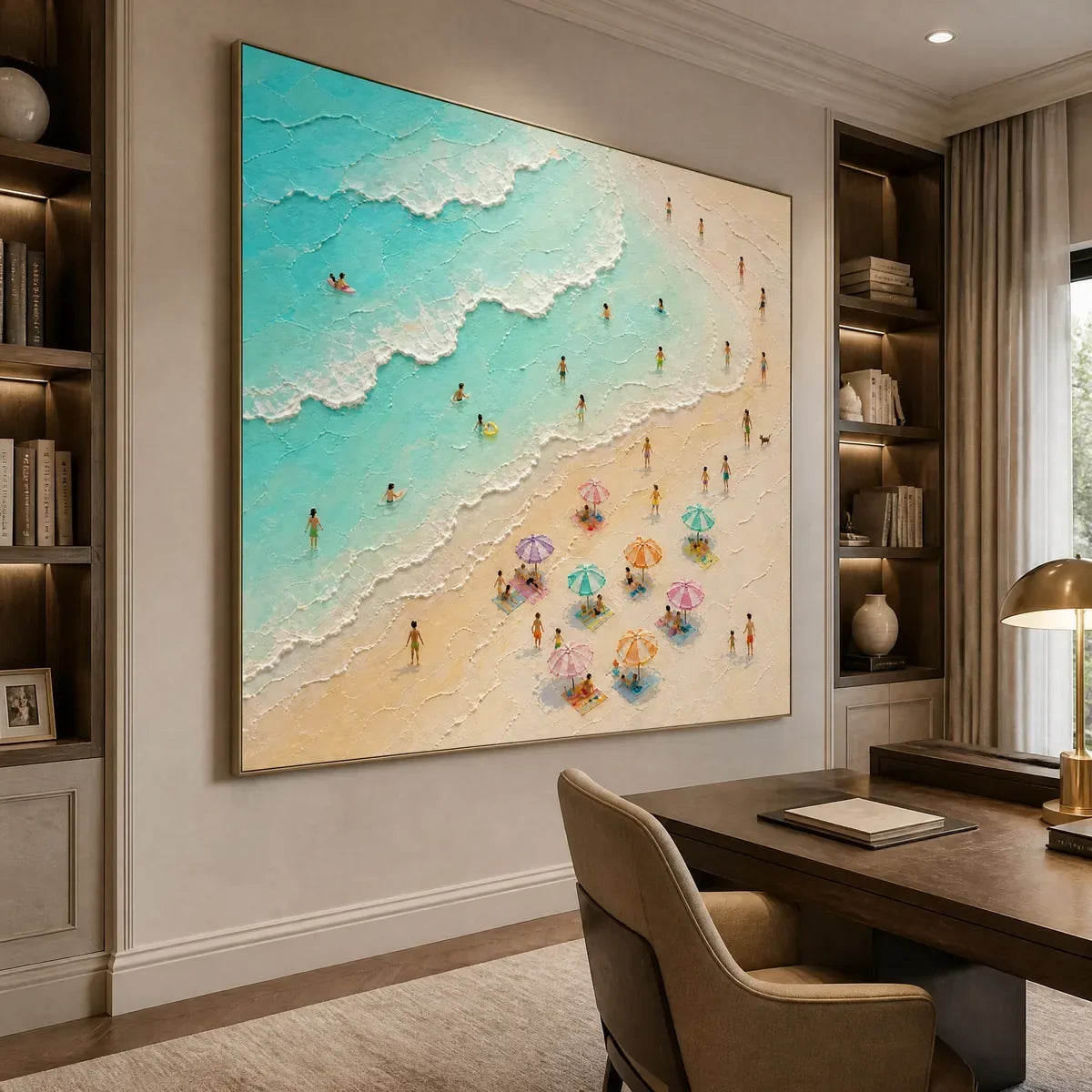 Summer Shore Mosaic hand-painted ocean blue, ivory and soft neutral tones textured seascape painting rolled canvas option