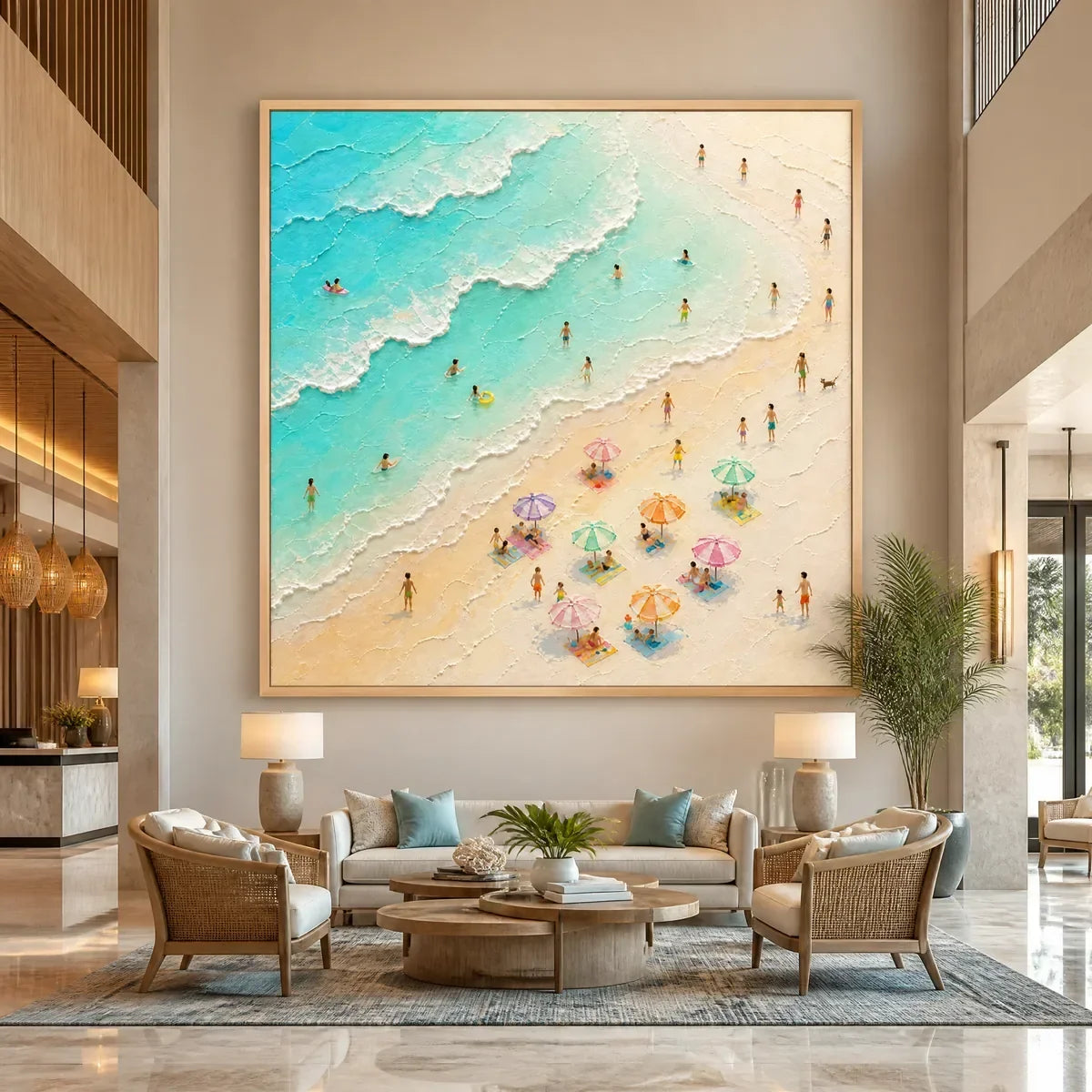 Summer Shore Mosaic hand-painted ocean blue, ivory and soft neutral tones textured seascape painting rolled canvas option