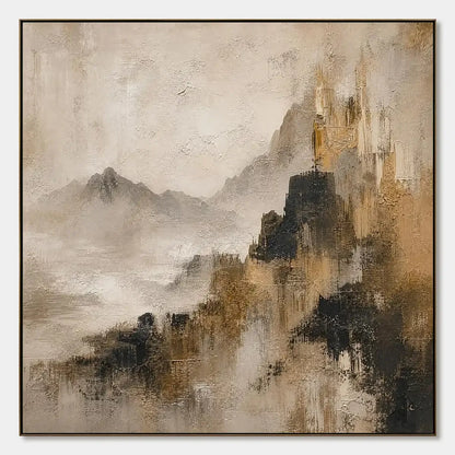 Mistbound Summit hand-painted slate blue, ivory and soft grey textured abstract mountain painting rolled canvas option