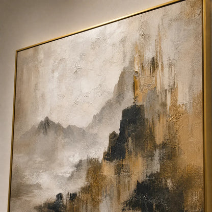 Mistbound Summit hand-painted slate blue, ivory and soft grey textured abstract mountain painting rolled canvas option