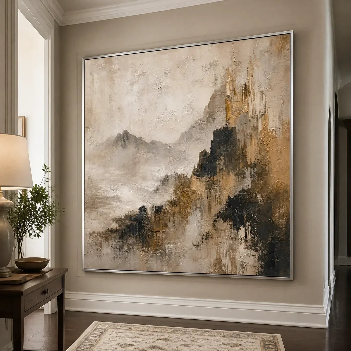 Mistbound Summit hand-painted slate blue, ivory and soft grey textured abstract mountain painting rolled canvas option