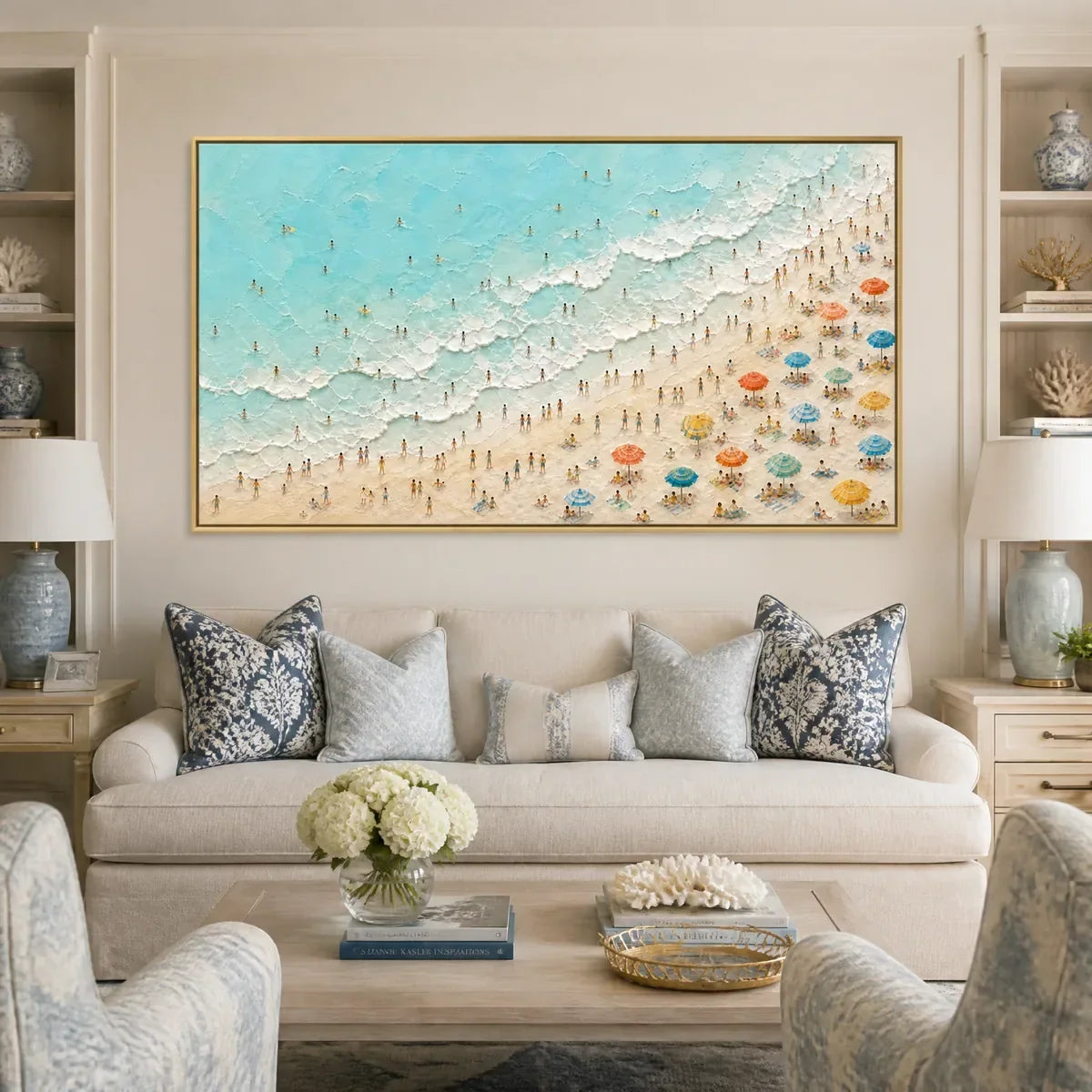 Coastline Carnival hand-painted ocean blue, ivory and soft neutral tones textured seascape painting rolled canvas option