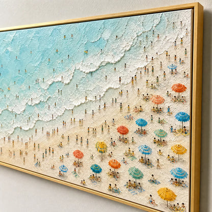 Coastline Carnival hand-painted ocean blue, ivory and soft neutral tones textured seascape painting rolled canvas option