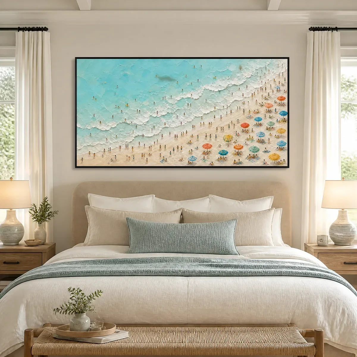 Coastline Carnival hand-painted ocean blue, ivory and soft neutral tones textured seascape painting rolled canvas option