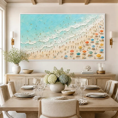 Coastline Carnival hand-painted ocean blue, ivory and soft neutral tones textured seascape painting rolled canvas option