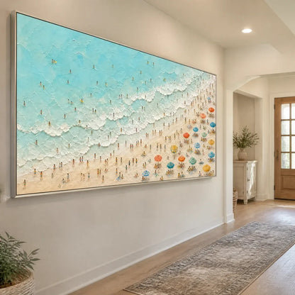 Coastline Carnival hand-painted ocean blue, ivory and soft neutral tones textured seascape painting rolled canvas option