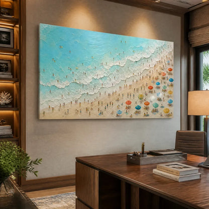 Coastline Carnival hand-painted ocean blue, ivory and soft neutral tones textured seascape painting rolled canvas option