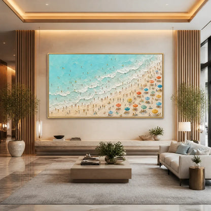 Coastline Carnival hand-painted ocean blue, ivory and soft neutral tones textured seascape painting rolled canvas option