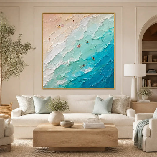 Turquoise Descent hand-painted turquoise and ivory textured seascape painting rolled canvas option