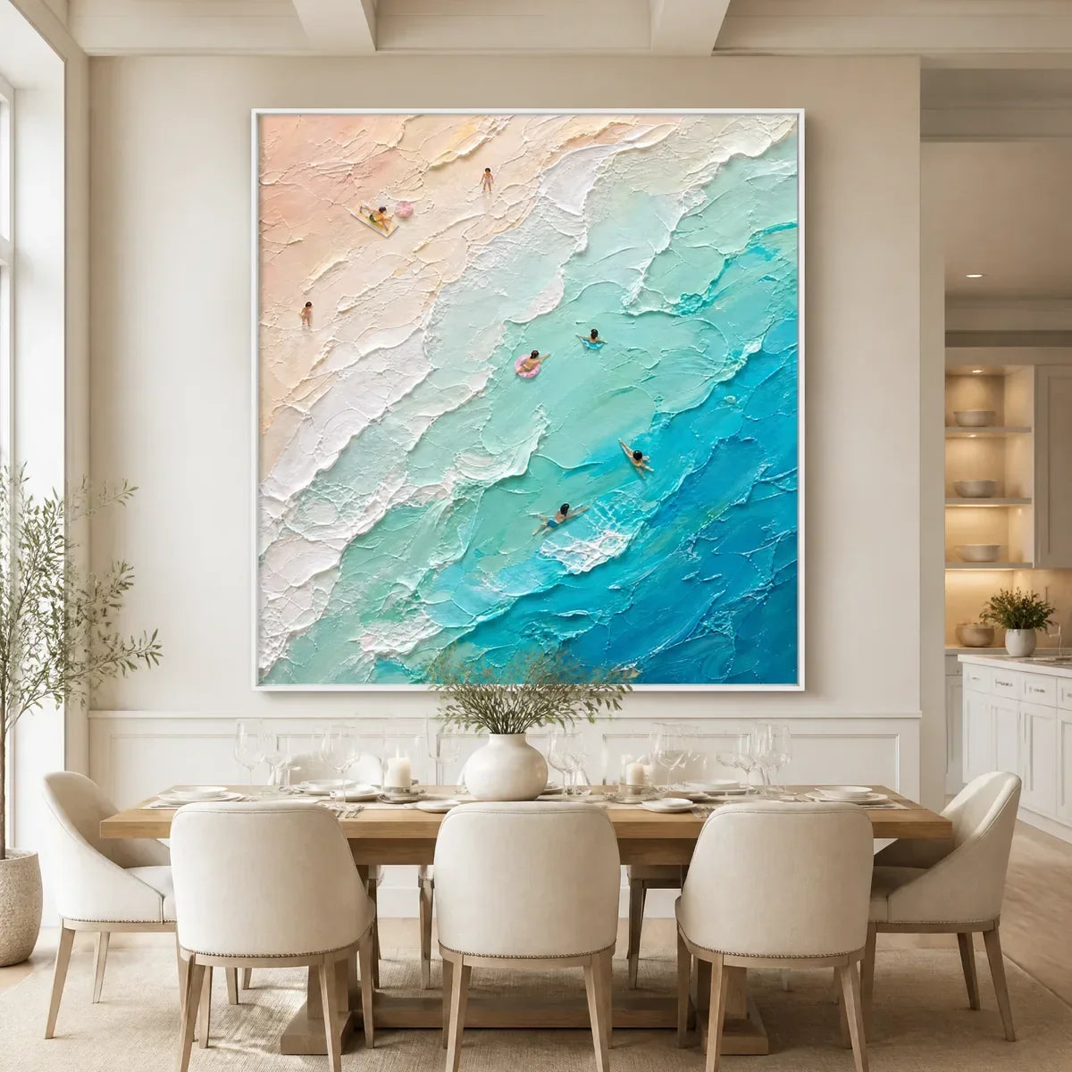 Turquoise Descent hand-painted turquoise and ivory textured seascape painting rolled canvas option