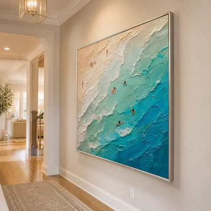 Turquoise Descent hand-painted turquoise and ivory textured seascape painting rolled canvas option